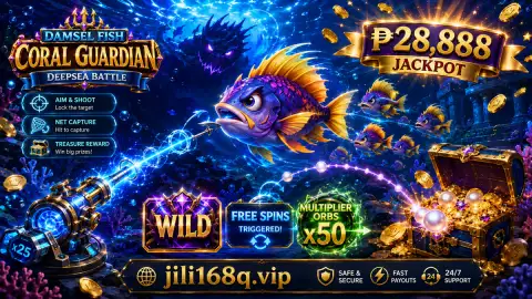 JILI168 fishing scene with a golden marlin moving through coral, target rings, bubbles and visible cannon placement