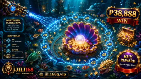 JILI168 fishing boss scene with hammerhead, stingray, great white and king crab around a central target zone